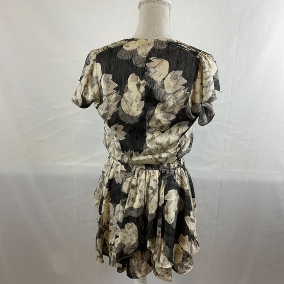 Halston Heritage Dress S Gray Cream Floral Elastic Waist Tiered Butterfly Sleeve - Picture 9 of 14